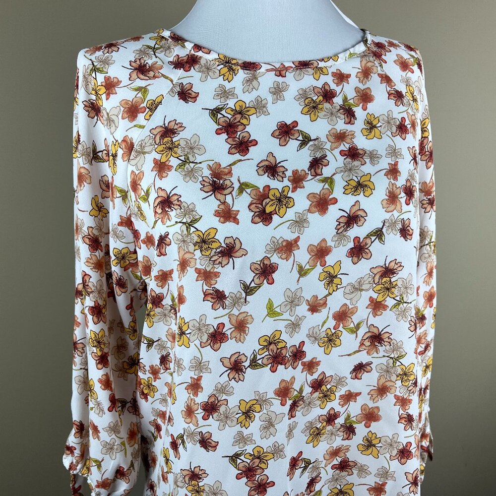 Papermoon 3/4 Sleeve  Blouse Size S White Gold Rust, Floral Print, Round Neck